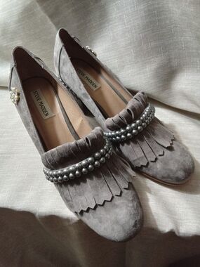 Steve Madden Gray Suede Fringe Loafers with Pearl Trim